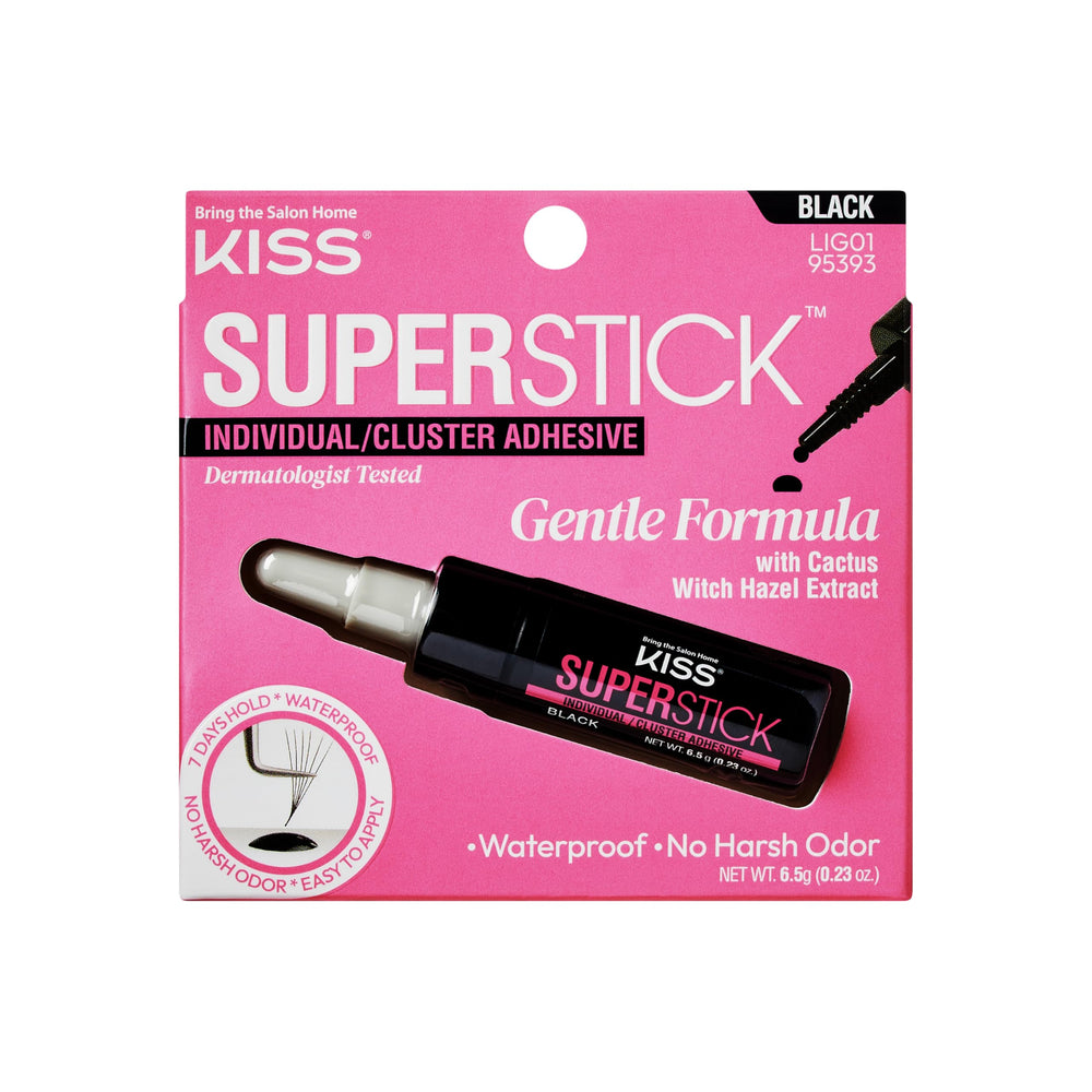 KISS SuperStick lash-cluster adhesive bottle close-up showing strong hold potential.