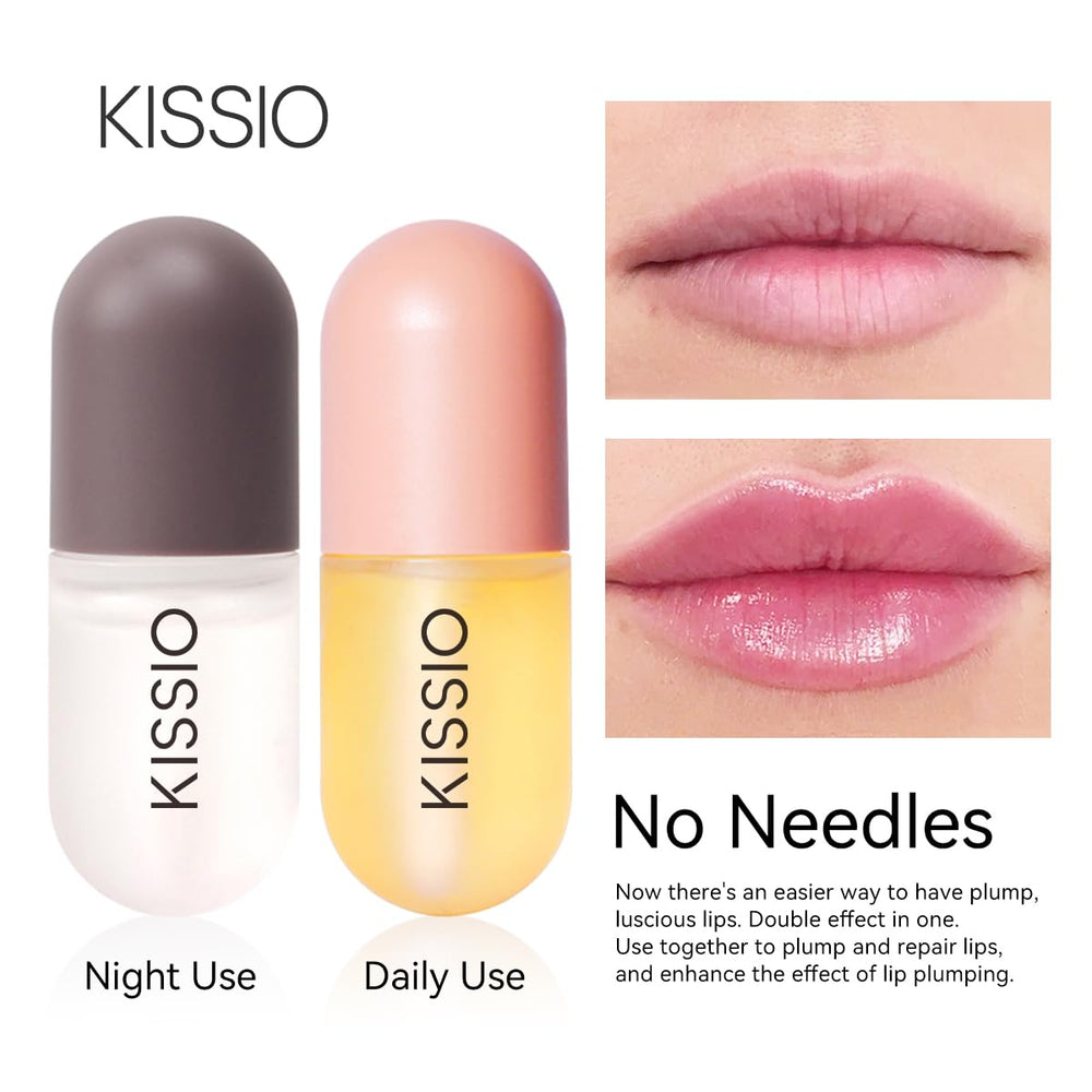KISSIO conjunto potenciador de volumen para labios, tubo nocturno transparente para hidratación.