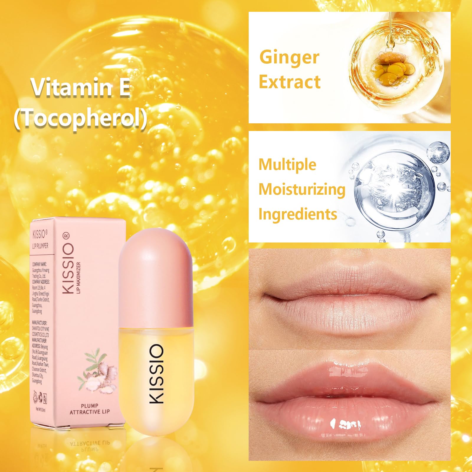 Voluminizador de labios KISSIO, textura cremosa para hidratación suave.