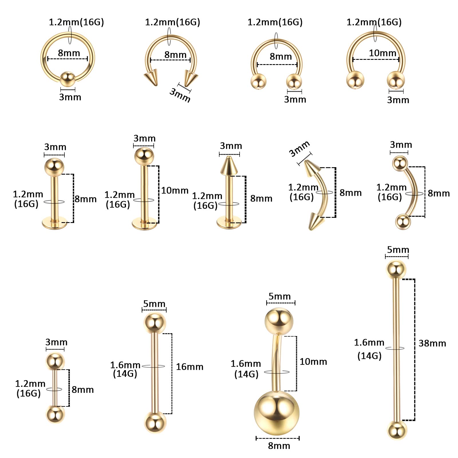 kit-piercing-58-piezas-anillos-cierre-bola-cbr-16g para fijación fiable