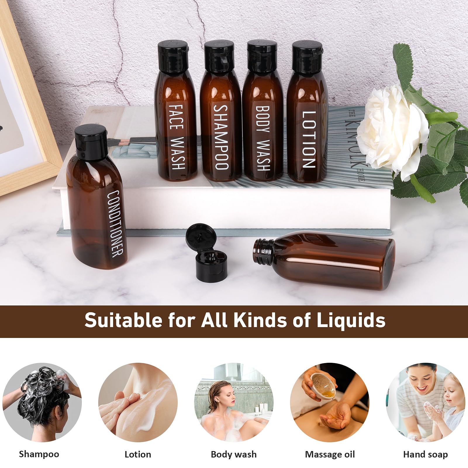 Kitchen GIMS brown bottles hold shampoo, conditioner, and body care securely.