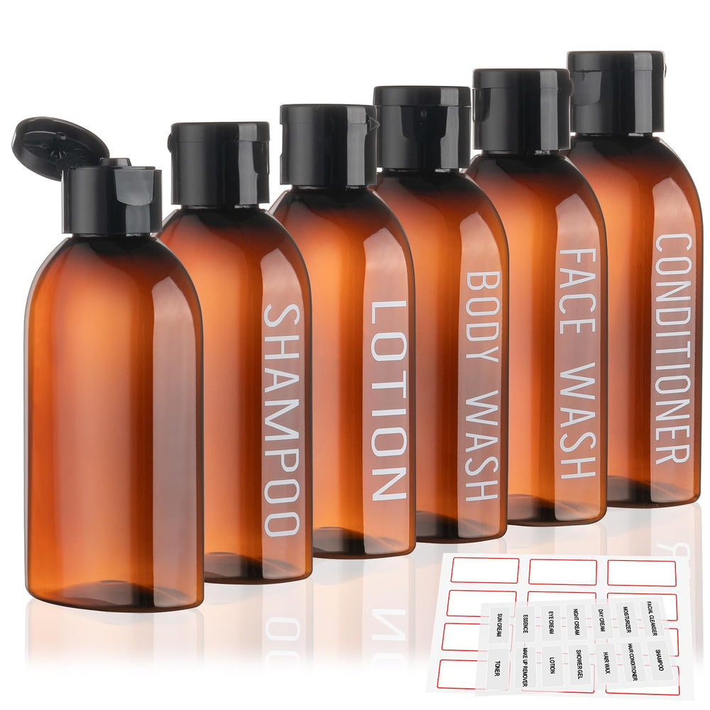 Kitchen GIMS travel bottles labeled for organized toiletries on the go.