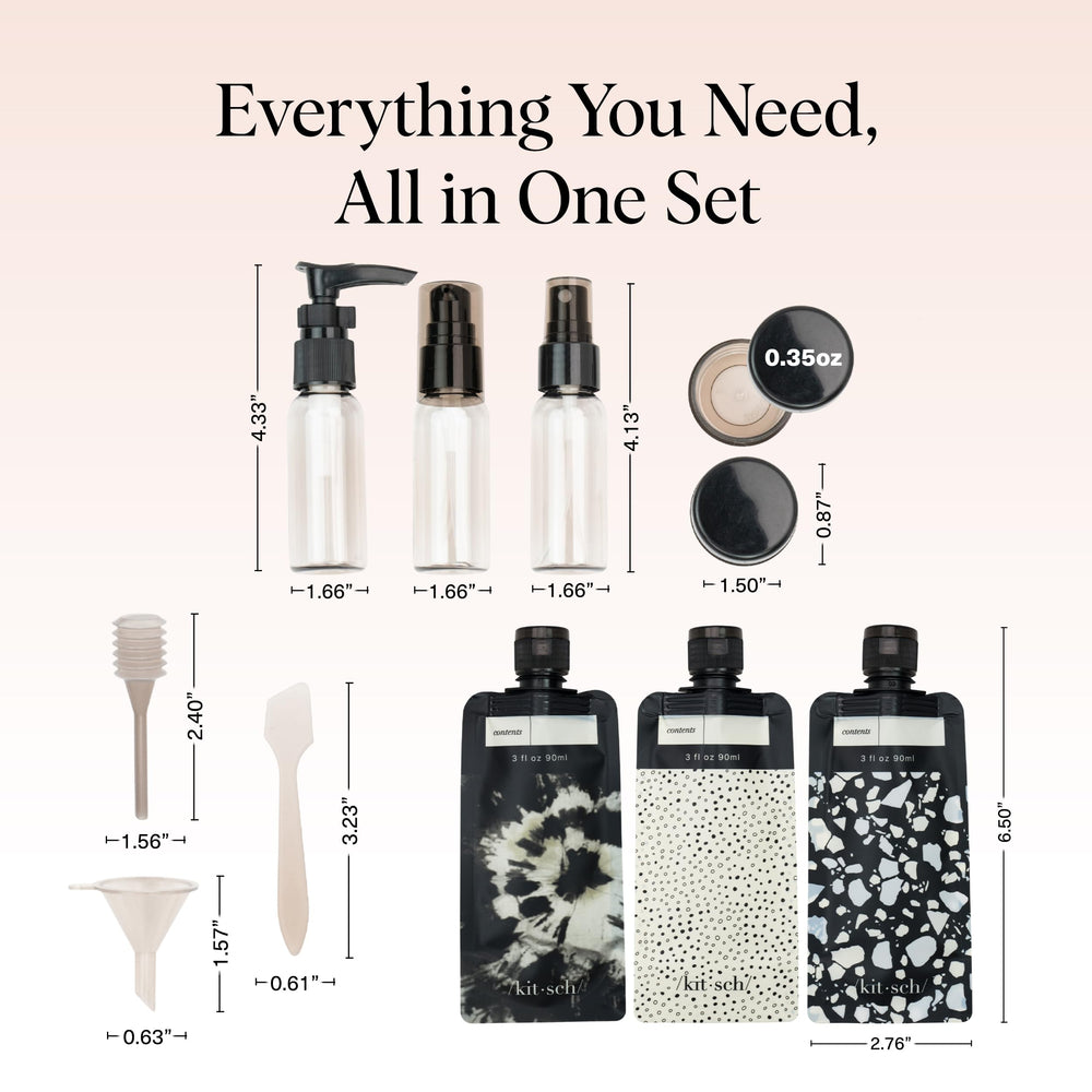 Kitsch 90ml flat pouch bottles provide compact storage for travel liquids.