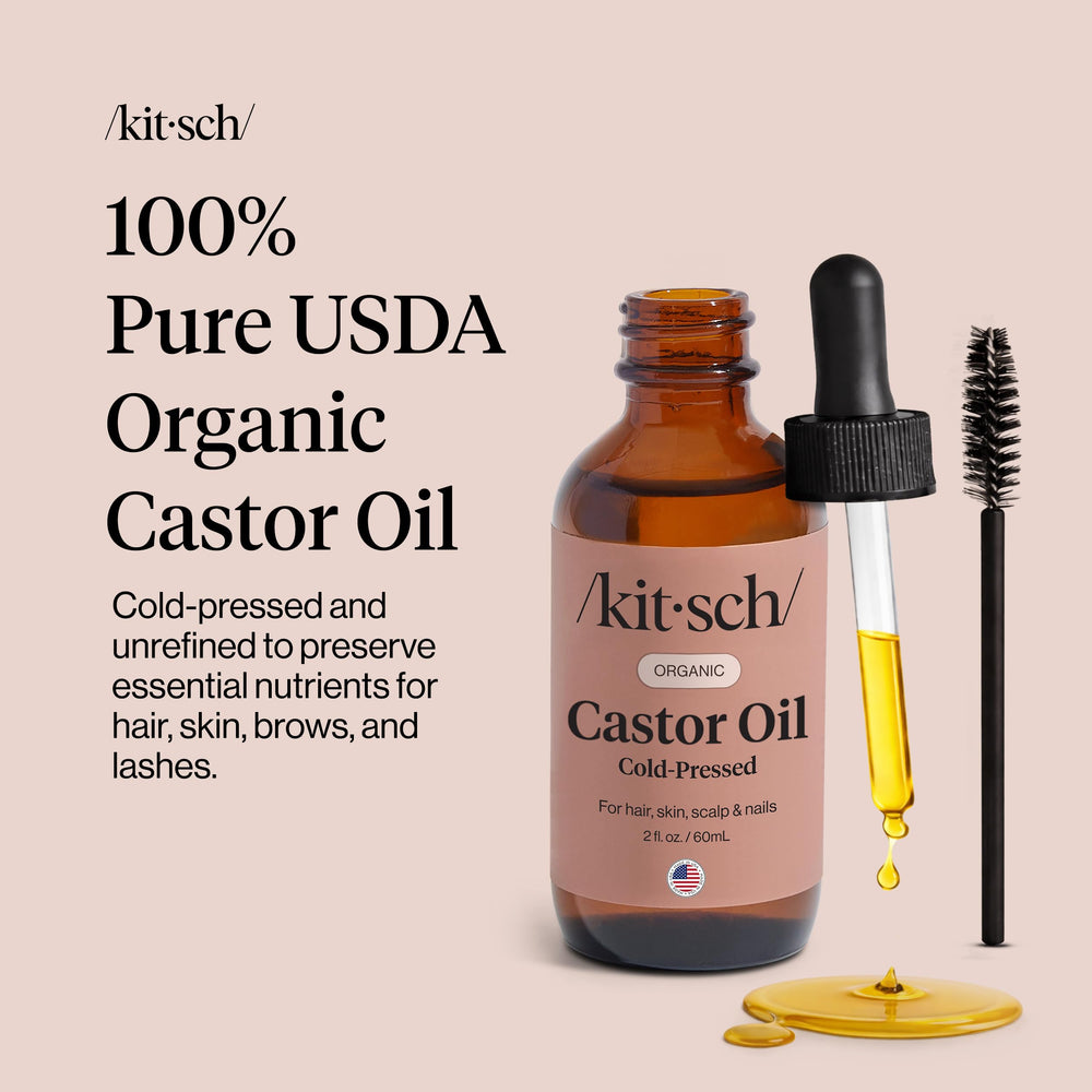 Kitsch aceite de ricino con aplicador spoolie para cejas y pestañas, apariencia más plena.