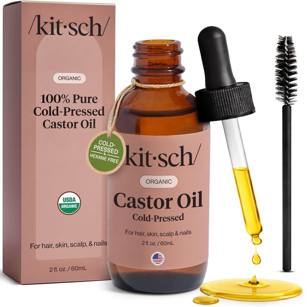 Kitsch aceite de ricino en botella de vidrio para cuidado facial y capilar.