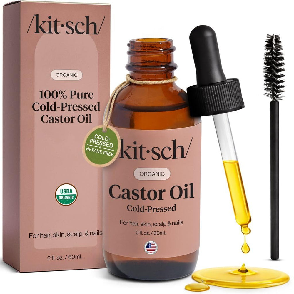 Kitsch aceite de ricino en botella de vidrio para cuidado facial y capilar.