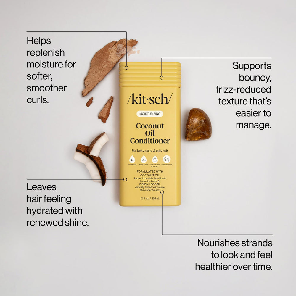 Kitsch acondicionador para cabello rizado muestra textura suave y brillo natural.