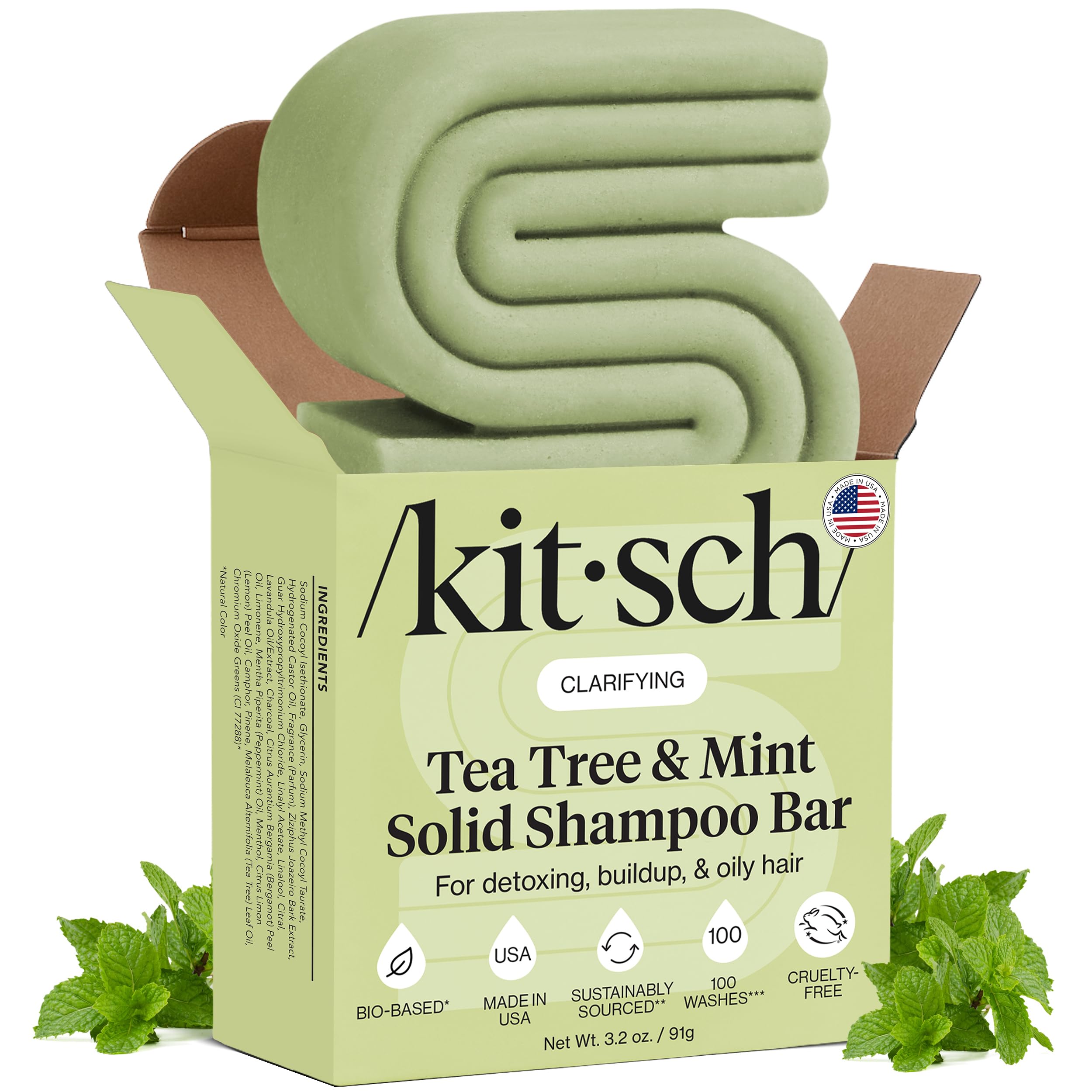 Kitsch barra clarificante arbol de te y menta, primer plano, ayuda a eliminar residuos.
