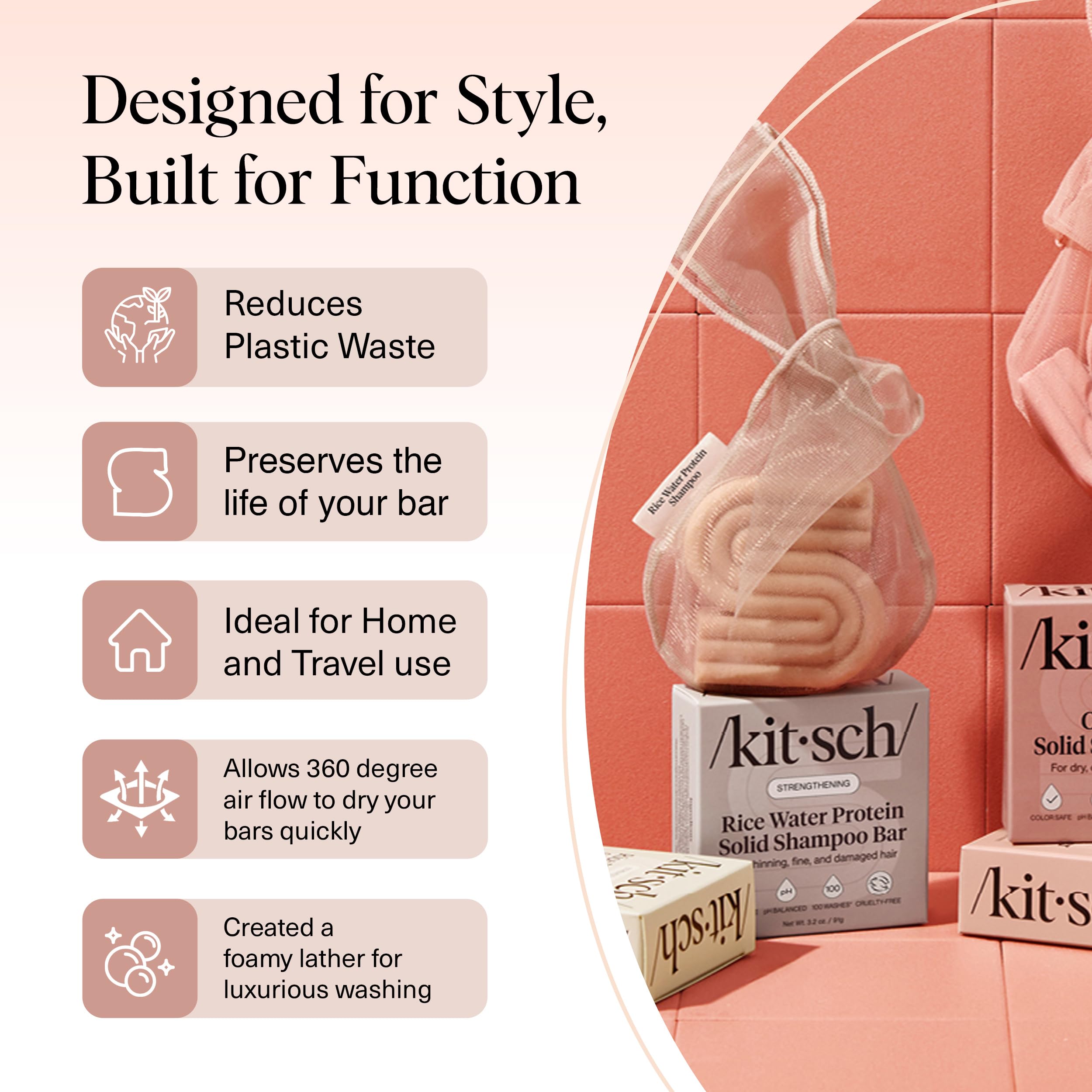 Kitsch Bar Soap Bag made from recycled rPET supports sustainable shower routines.