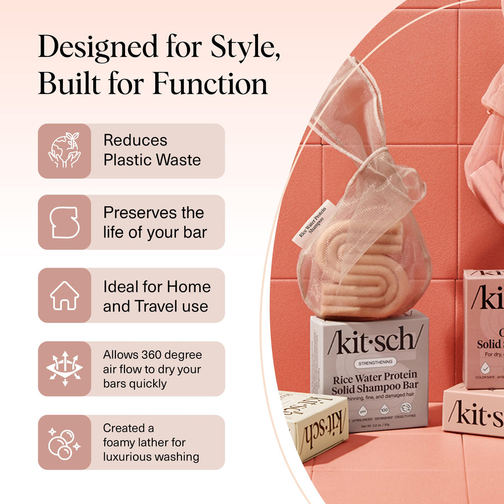Kitsch Bar Soap Bag made from recycled rPET supports sustainable shower routines.