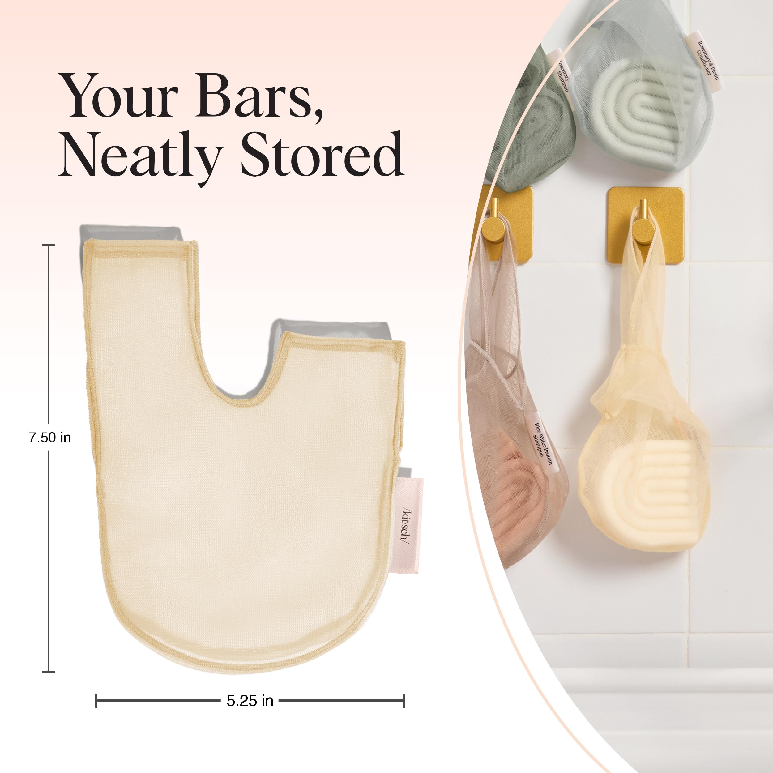 Kitsch Bar Soap Bag hanging in shower keeps body wash and bars neatly organized.