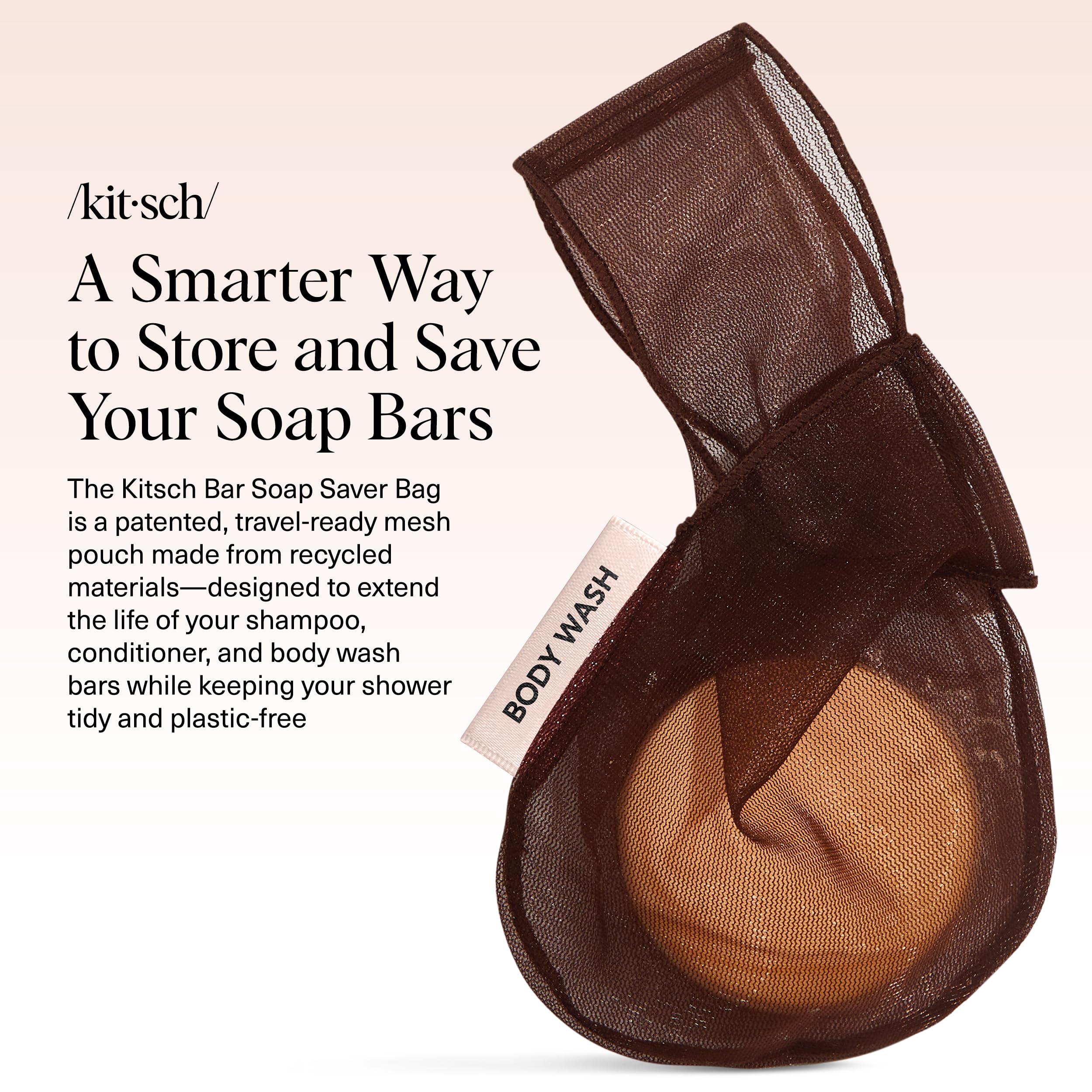 Kitsch bar soap saver pouch with labeled compartments keeps body wash, shampoo, and conditioner separate