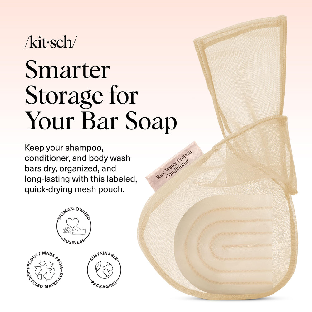 Kitsch Bar Soap Saver Pouch shows labeled body wash, shampoo, and conditioner pouches.
