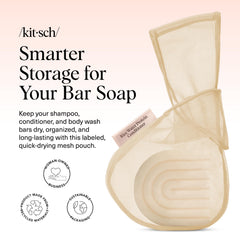 Kitsch Bar Soap Saver Pouch shows labeled body wash, shampoo, and conditioner pouches.