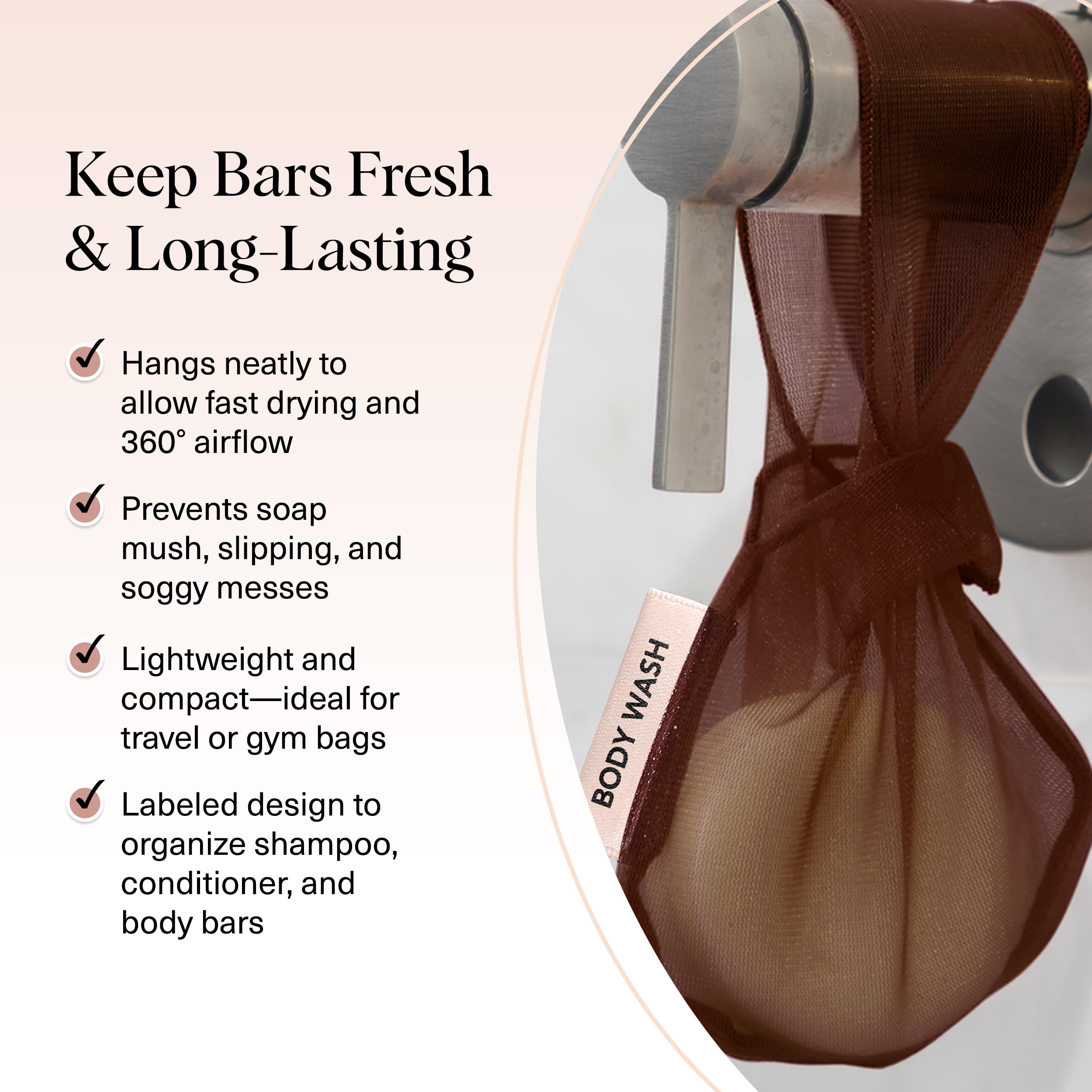 Kitsch bar soap saver pouch hangs in shower for easy access and organized daily routine