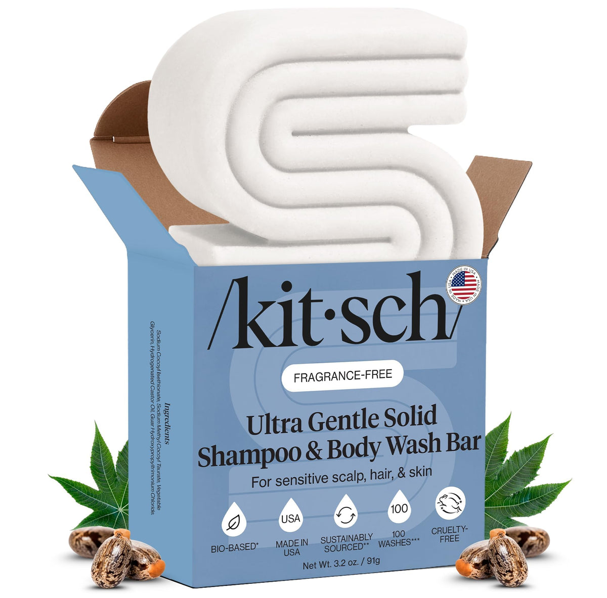 Kitsch barra champú cuerpo Ultra sensible sin fragancia para cuero cabelludo y piel delicados.