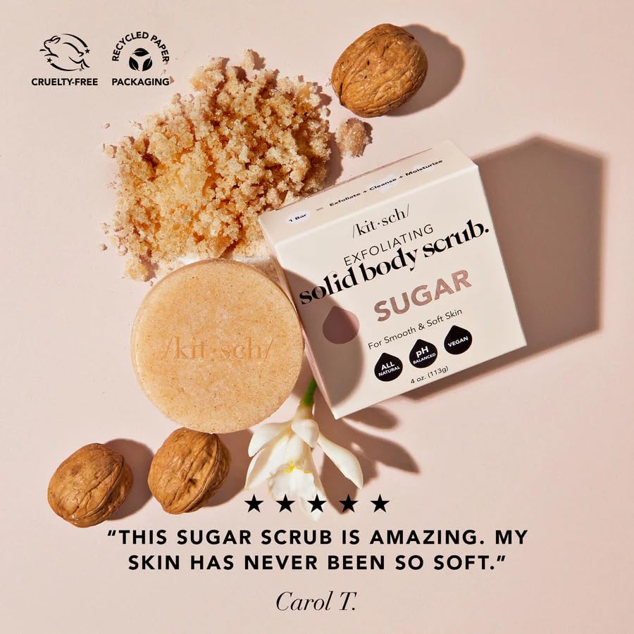 Kitsch barra exfoliante que aporta brillo suave a la piel tras cada uso.