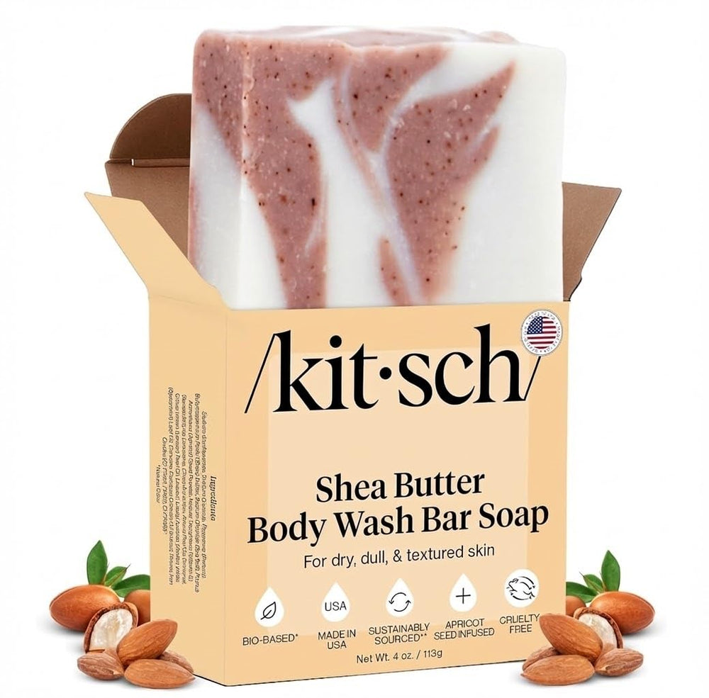 Kitsch barra exfoliante manteca karité, textura suave para piel lisa tras la ducha.