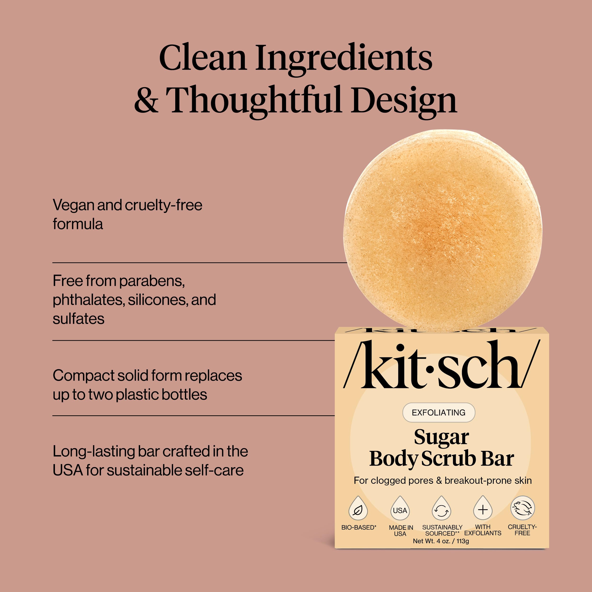 Kitsch barra exfoliante libre de plástico para una rutina sostenible.