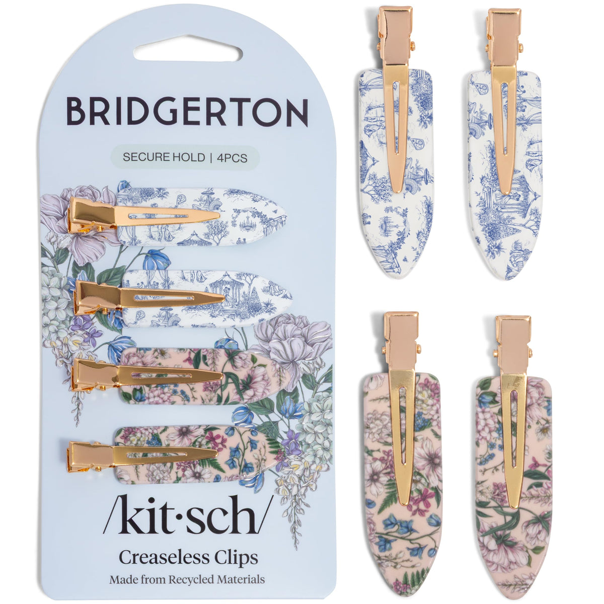Kitsch Bridgerton pinzas sin arrugas con Toile in Bloom para peinado estable.
