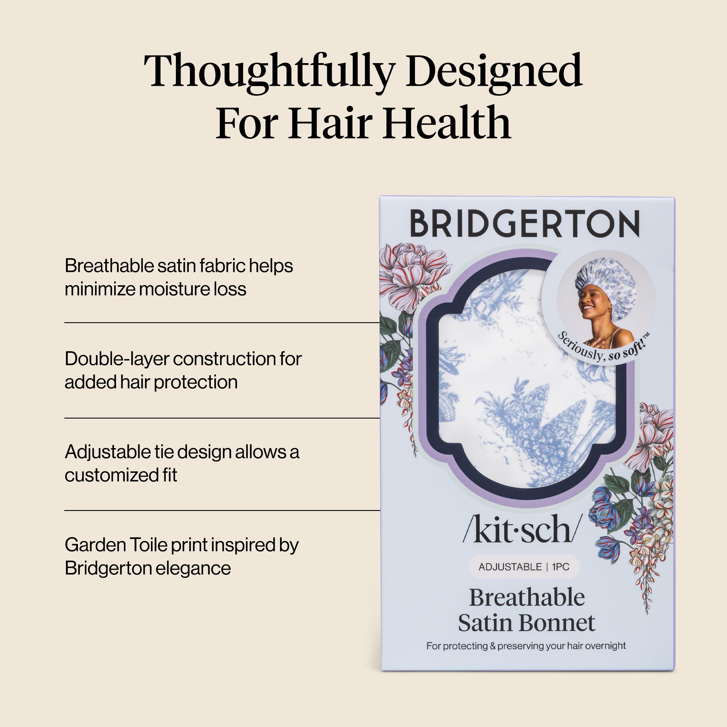 Kitsch x Bridgerton satin bonnet adjustable ties for secure fit