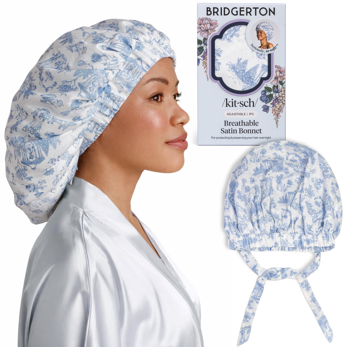 Kitsch x Bridgerton satin bonnet front view protects curls during sleep