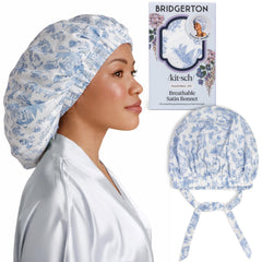 Kitsch x Bridgerton satin bonnet front view protects curls during sleep