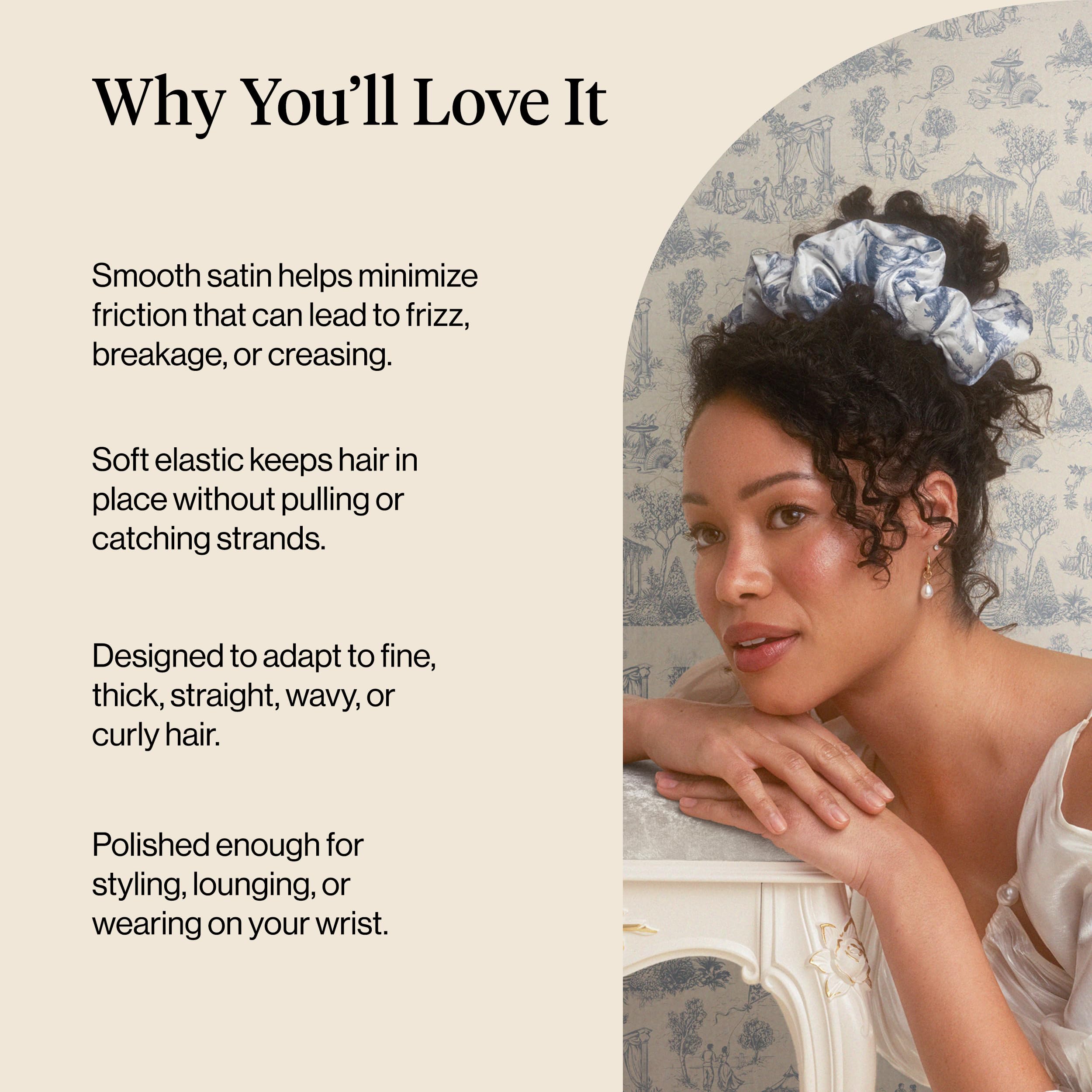 Bridgerton x Kitsch satin scrunchies deliver comfortable all-day wear with reduced frizz.