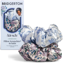 Kitsch Bridgerton satin scrunchies Toile de Blue two-pack, soft sheen for gentle styling.