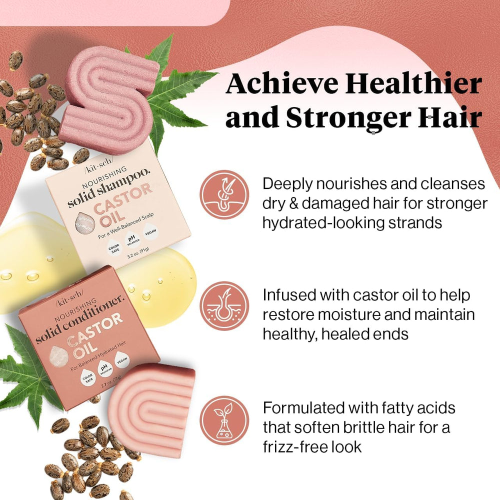 Kitsch castor oil conditioner bar aids detangling and softness.