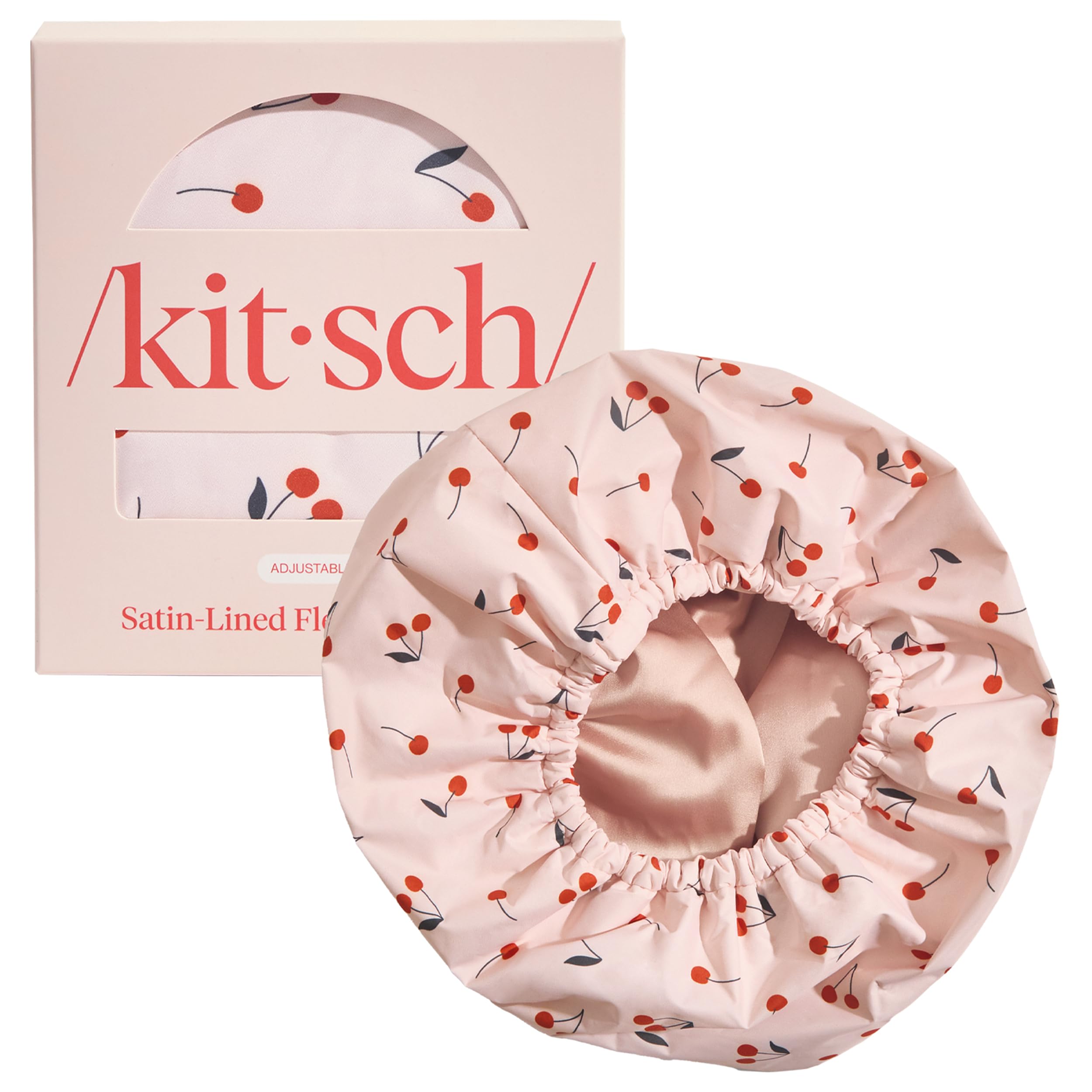 Kitsch Cherry Print cap on a model during hair air-drying routine.