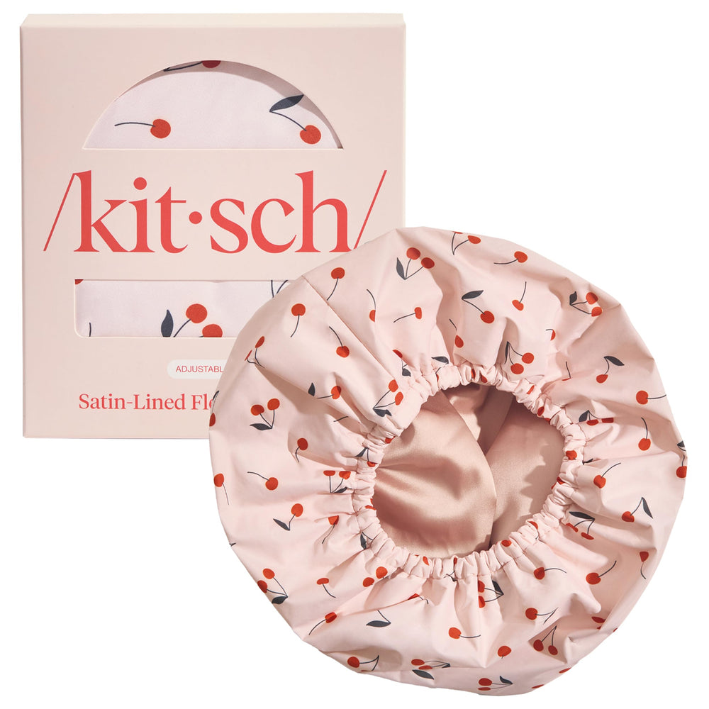 Kitsch Cherry Print cap on a model during hair air-drying routine.