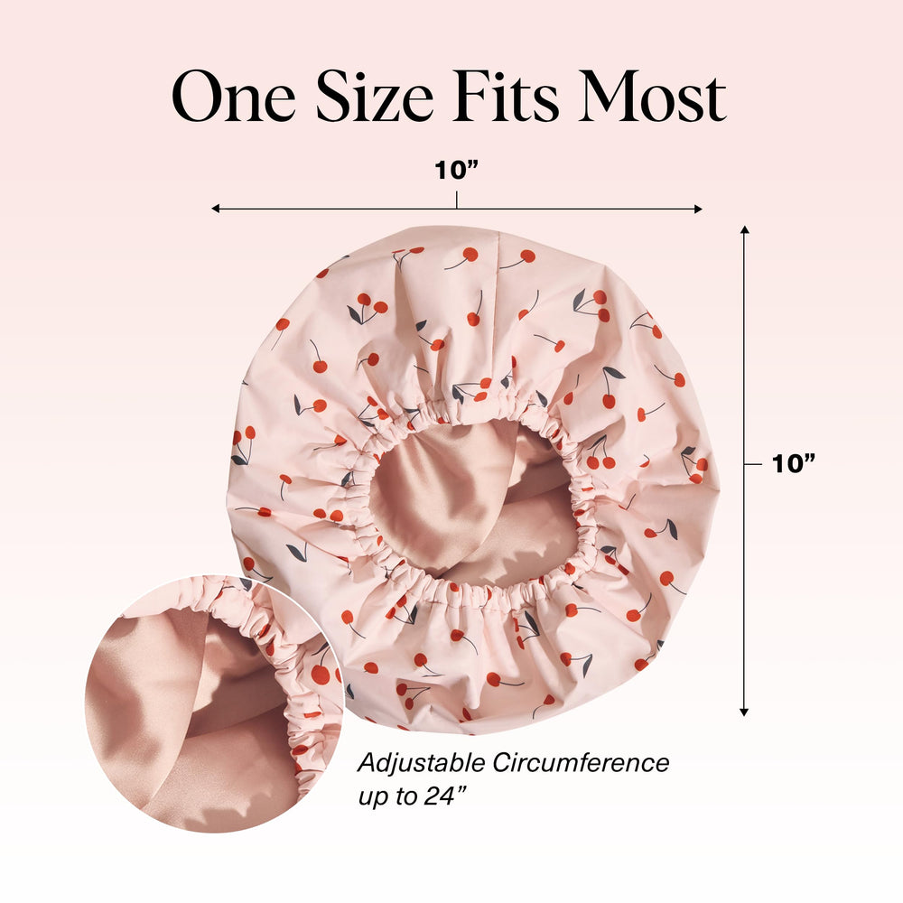 Kitsch Cherry Print cap made of polyester and silicone for durability.