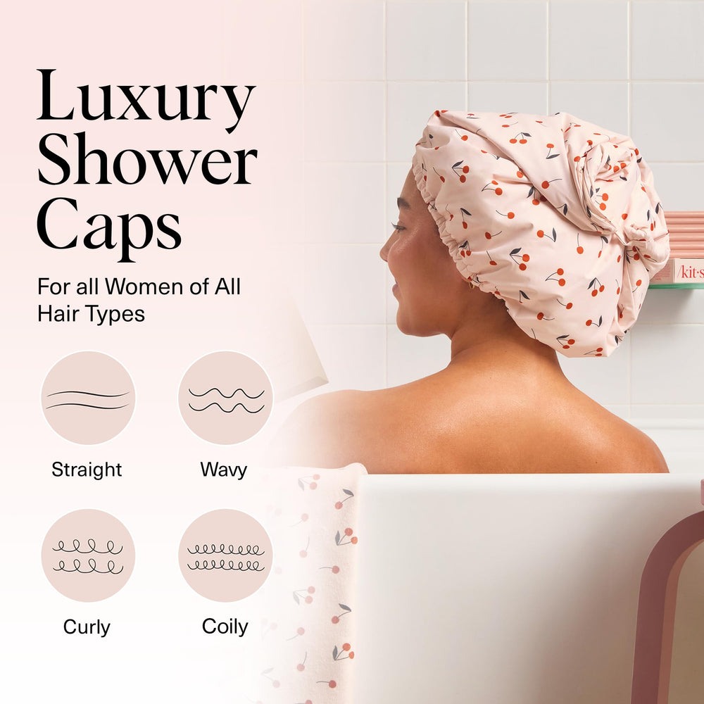 Kitsch Cherry Print cap in a bathroom setting emphasizing full coverage.