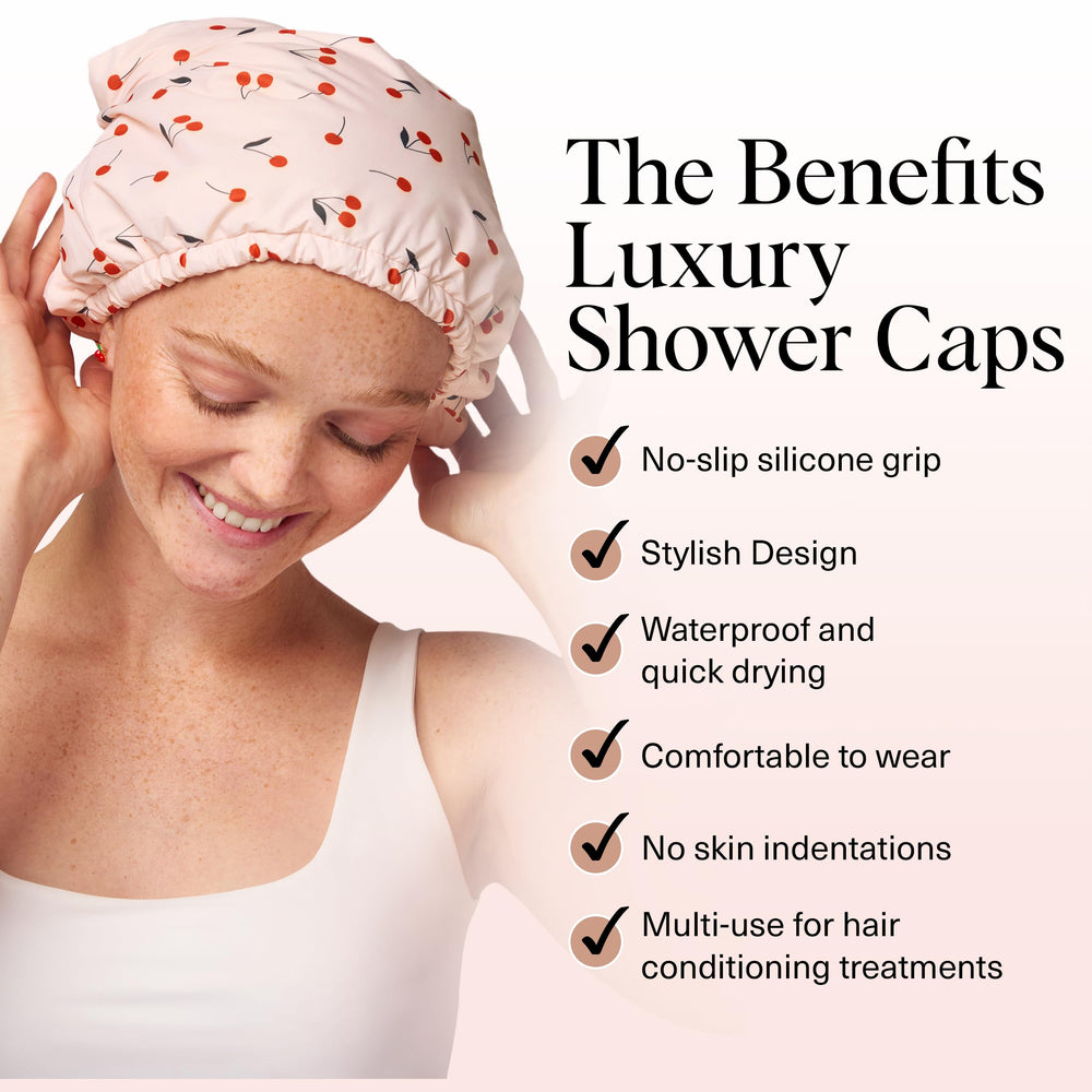 Kitsch Cherry Print cap with non-slip silicone grip for confident shower use.