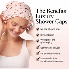 Kitsch Cherry Print cap with non-slip silicone grip for confident shower use.