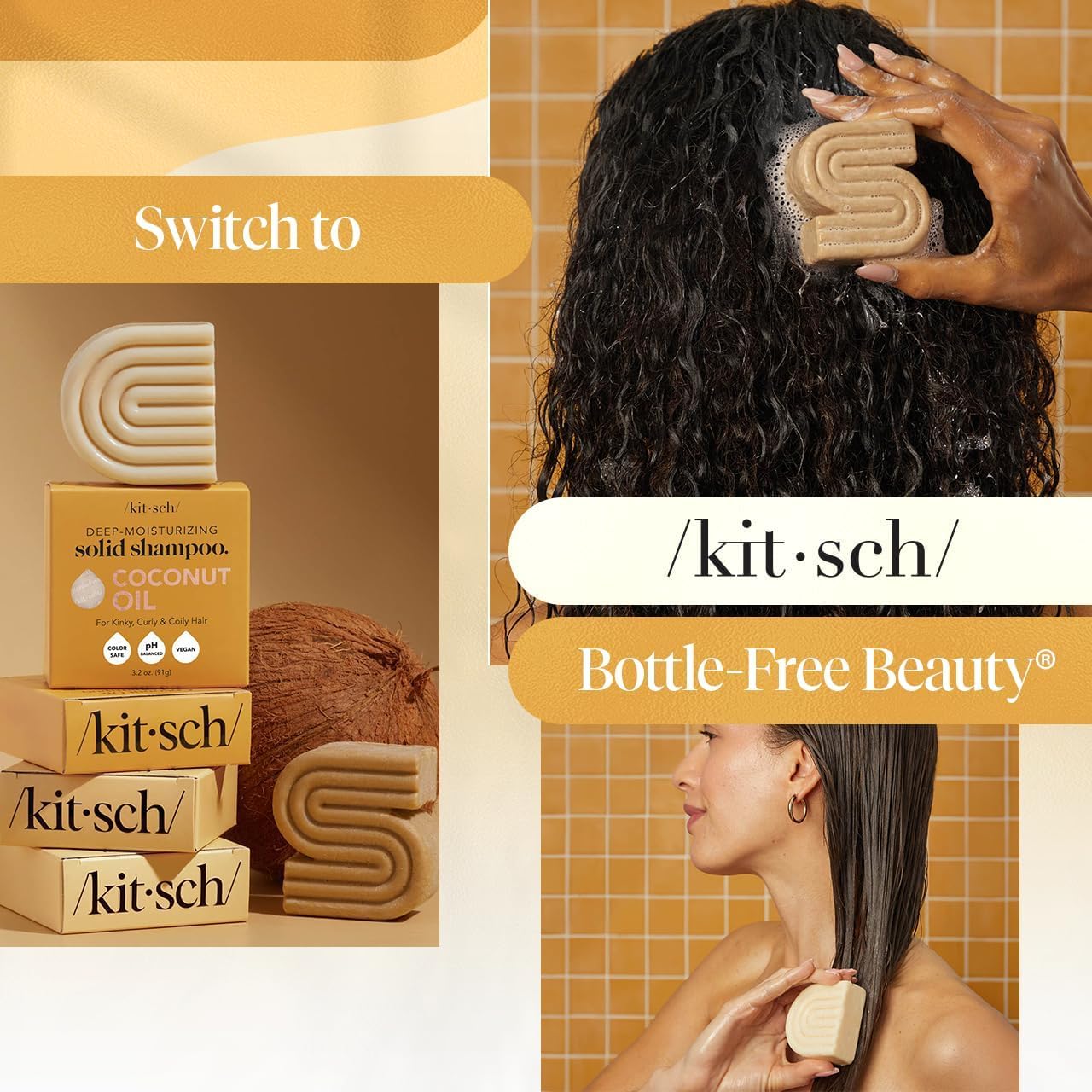 Kitsch coconut oil conditioner bar packaging close-up signaling travel-friendly, plastic-free care.