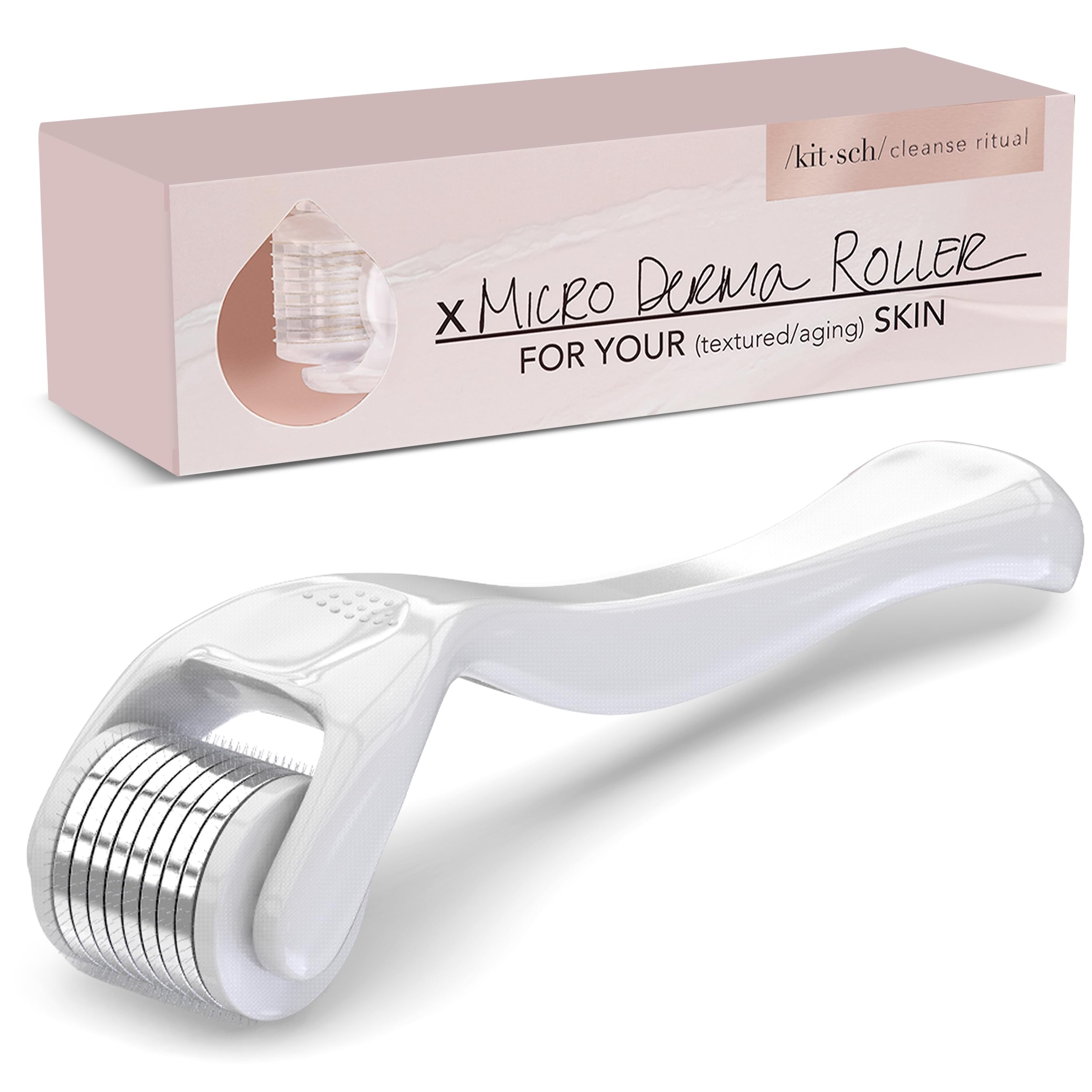 Kitsch Derma Roller for the face in use to prep skin for serums.