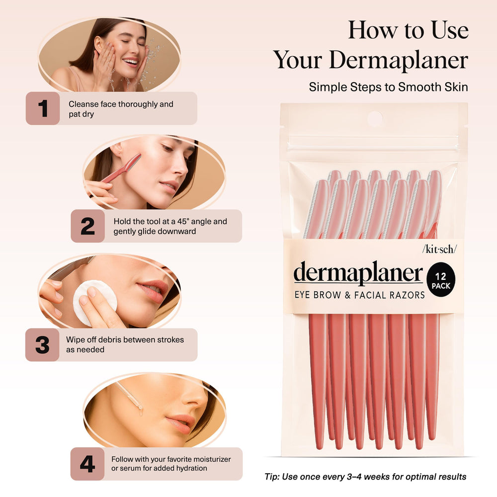 Kitsch Dermaplane Razor close-up showing smooth skin texture improvement.