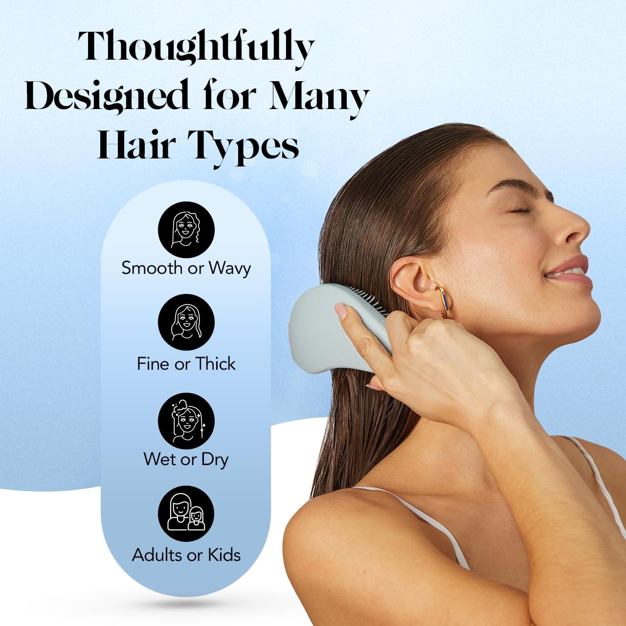 Kitsch Detangler Brush works for all hair types, curly or straight.