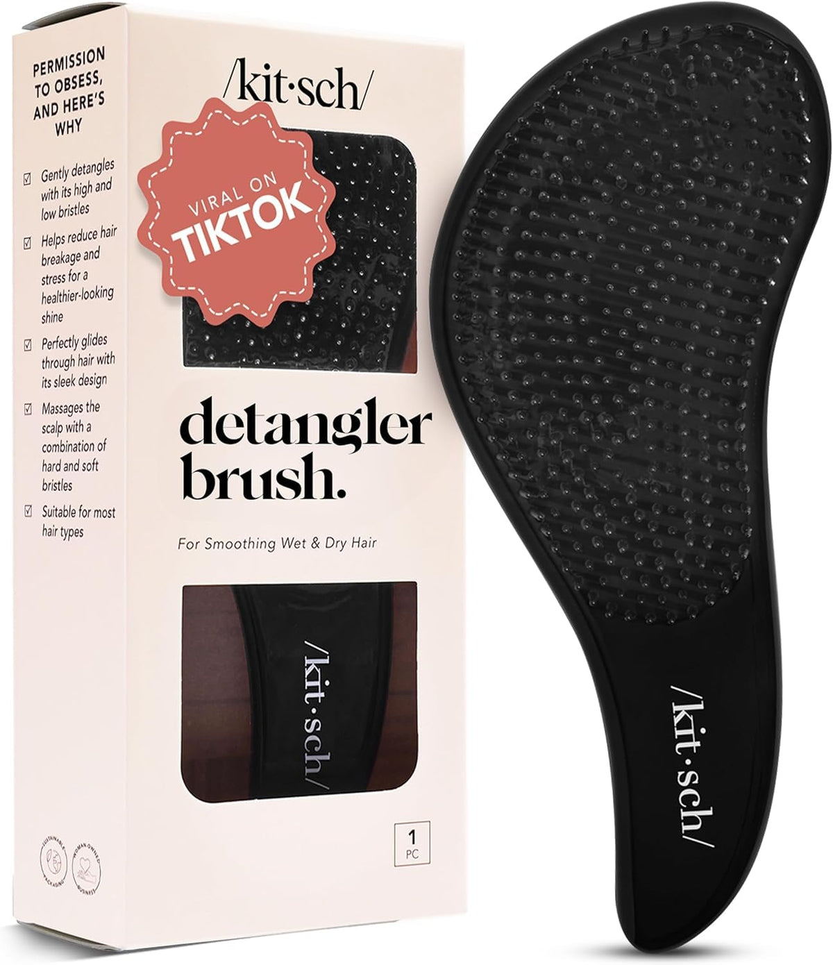 Kitsch Detangler Brush closeup with flexible bristles for gentle detangling.