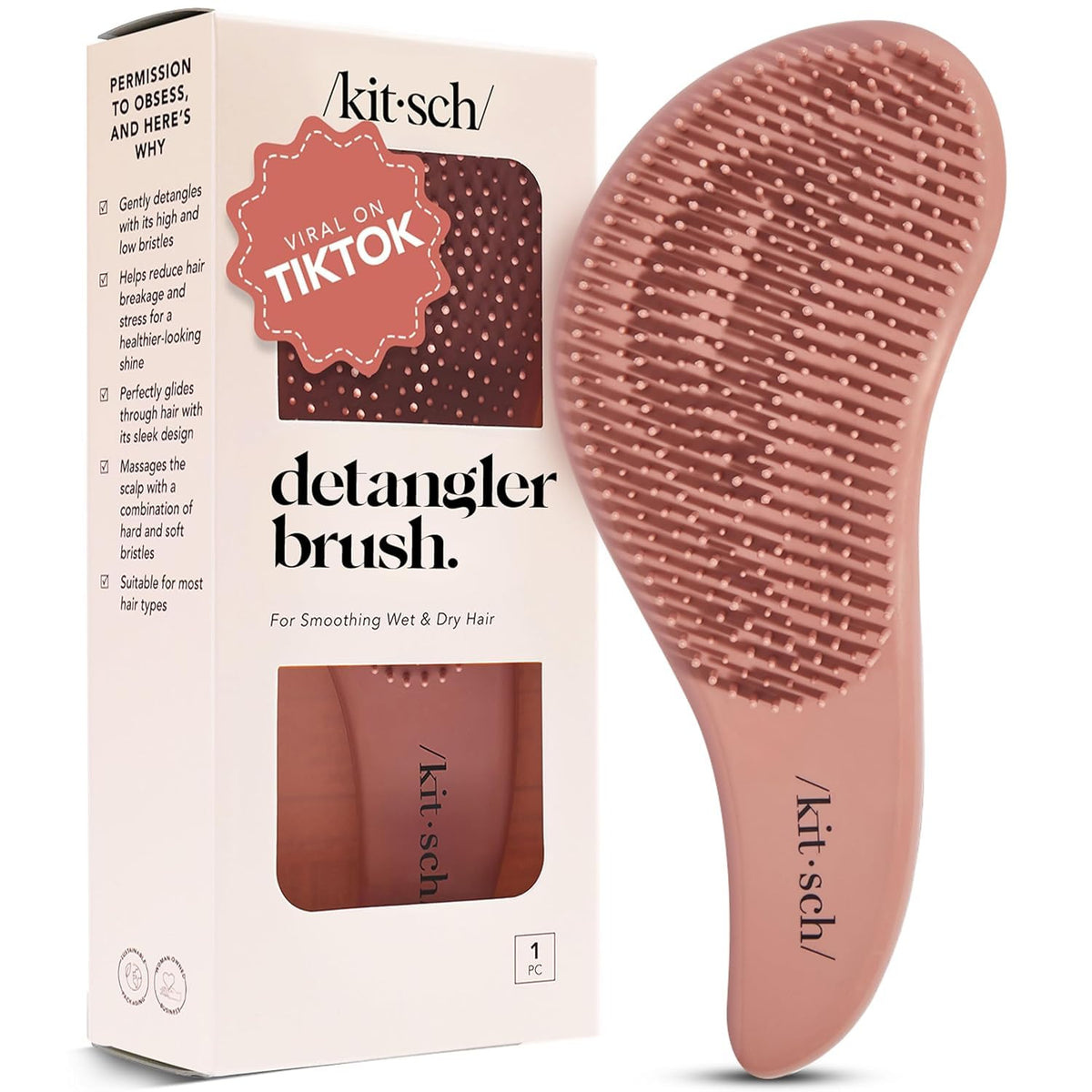 Kitsch Detangler Brush with flexible bristles for wet or dry hair, easing detangling.