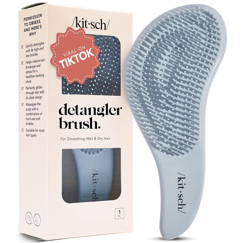 Kitsch Detangler Brush with gentle flexible bristles detangles wet or dry hair.