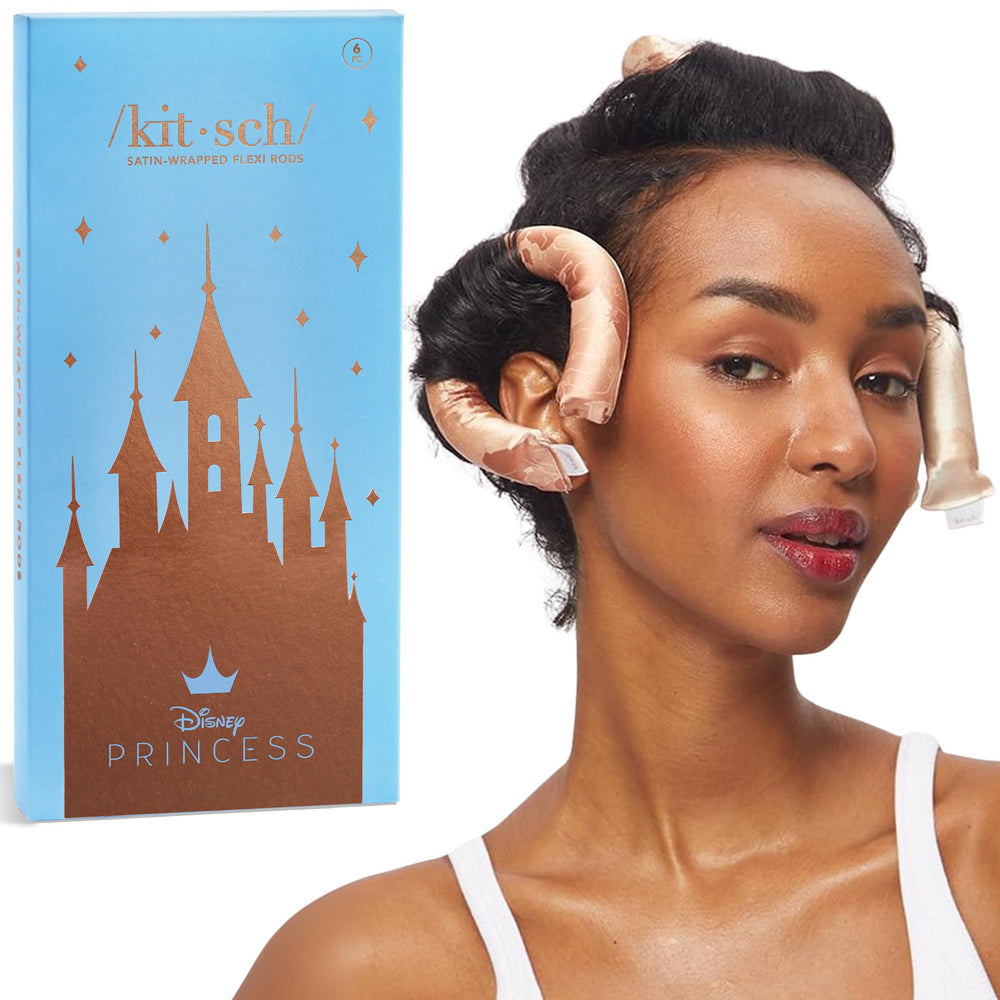 Kitsch Disney Princess satin heatless curling rods set of six rests on a clean surface.