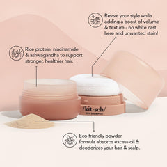 Kitsch Dry Shampoo Powder built-in puff enables easy, mess-free refresh on the go.