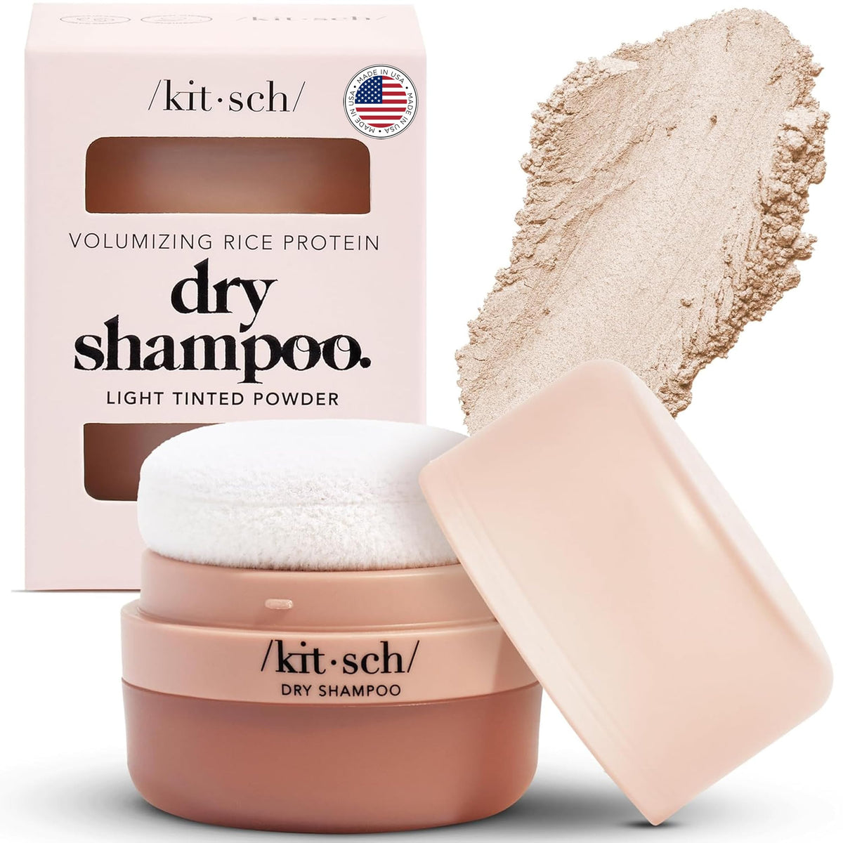 Kitsch Dry Shampoo Powder with Rice Protein bottle demonstrates oil absorption and lift for refreshed hair.