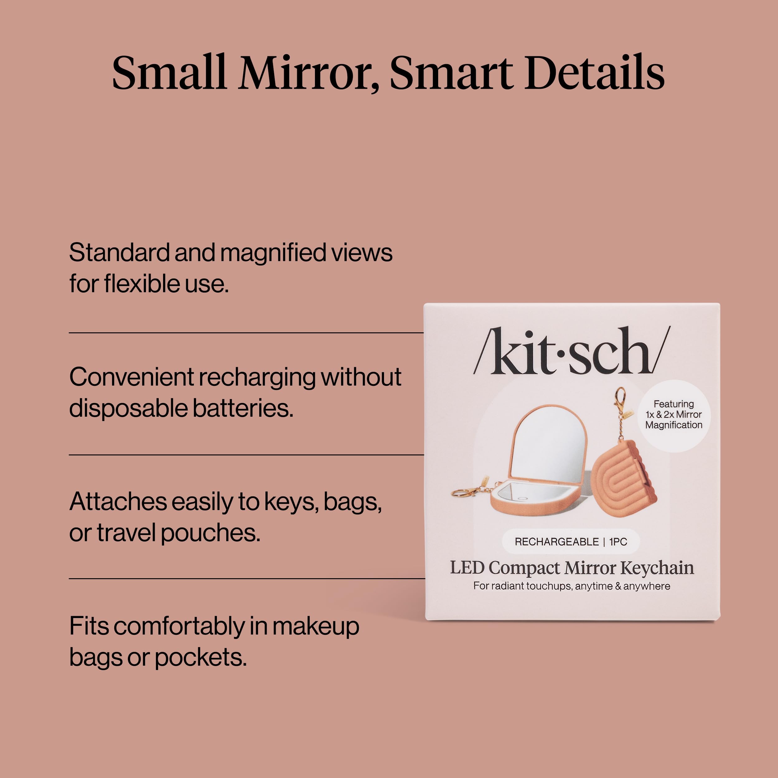Kitsch dual-magnification pocket mirror aids lips and lashes anywhere.
