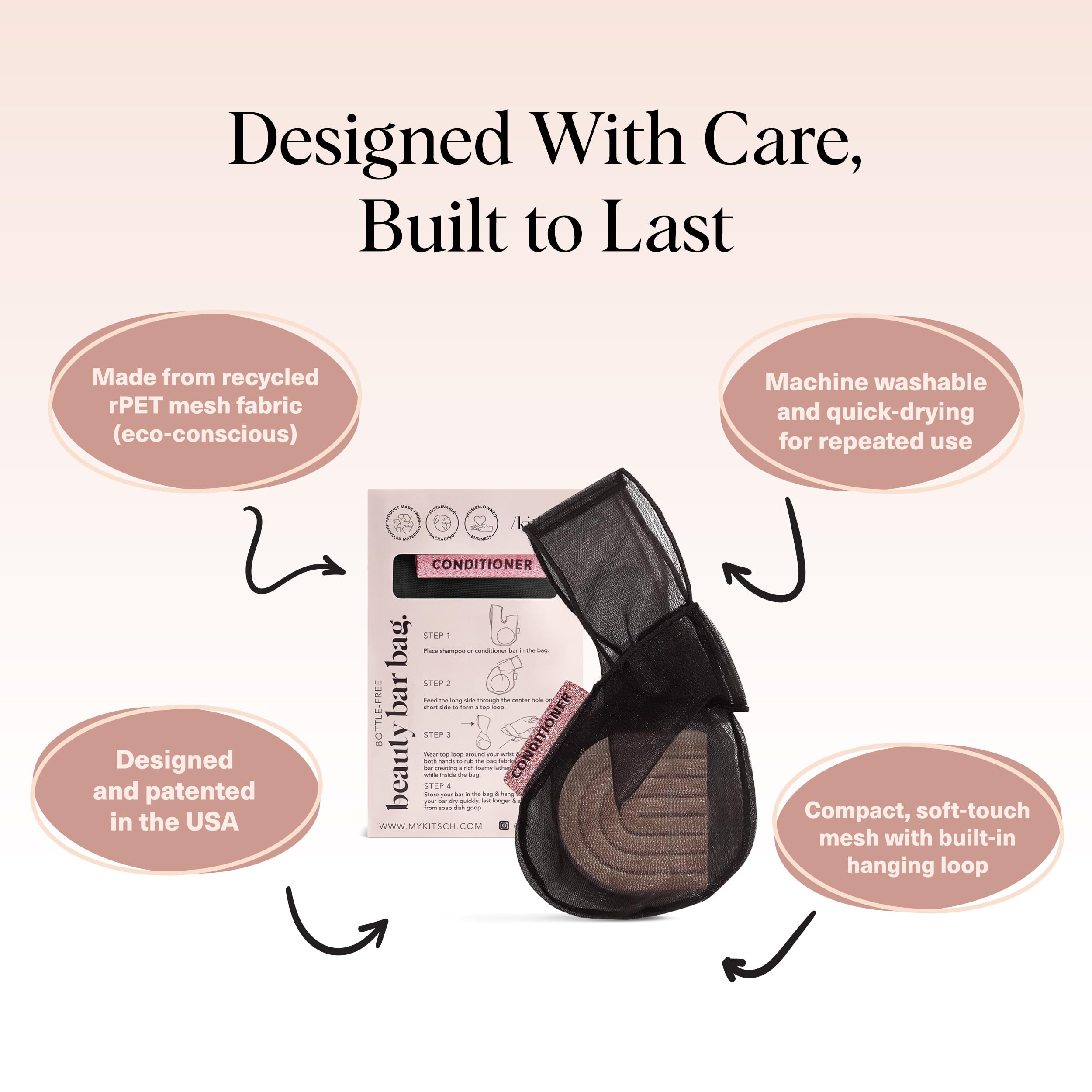 Kitsch Eco-friendly bag replaces bottles, helping reduce plastic waste in your routine.