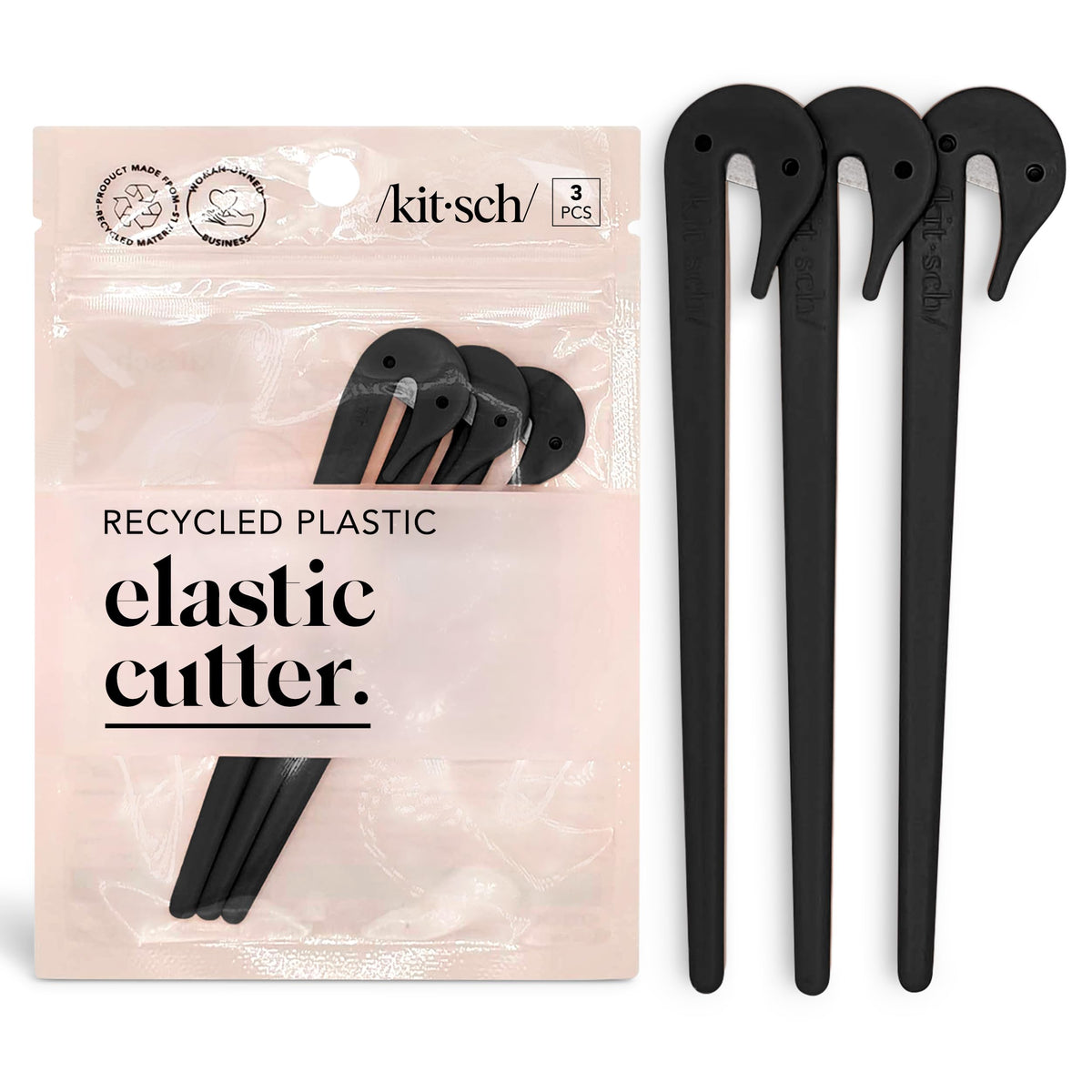 Kitsch elastic hair tie cutter tool in black with ergonomic grip for gentle removal