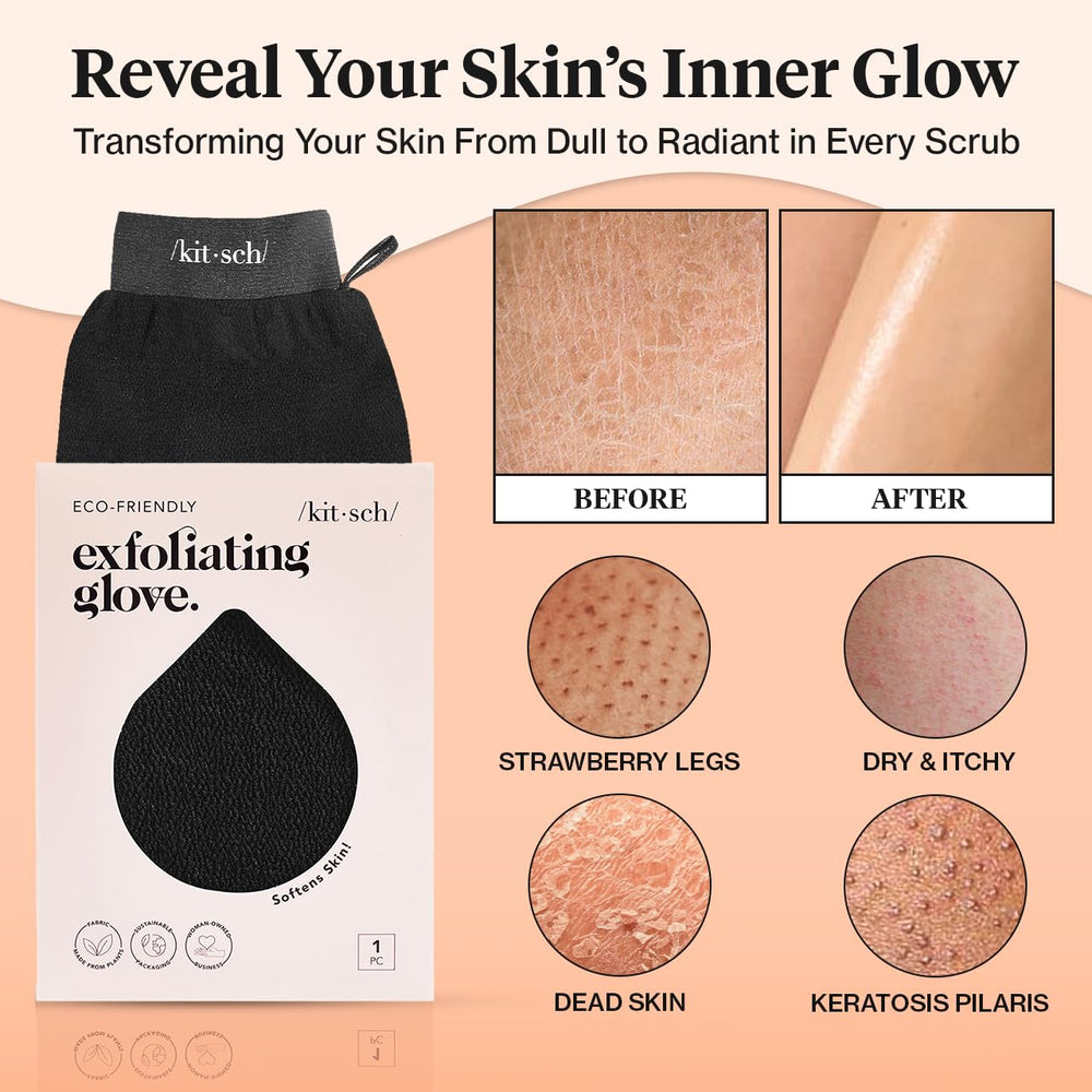 Ritual de exfoliación en el baño con guante corporal Kitsch para piel renovada.